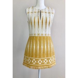 size 8 Tory Burch Runway 2015 Yellow Savora Sun Fringe Woven Tweed Mini-Dress